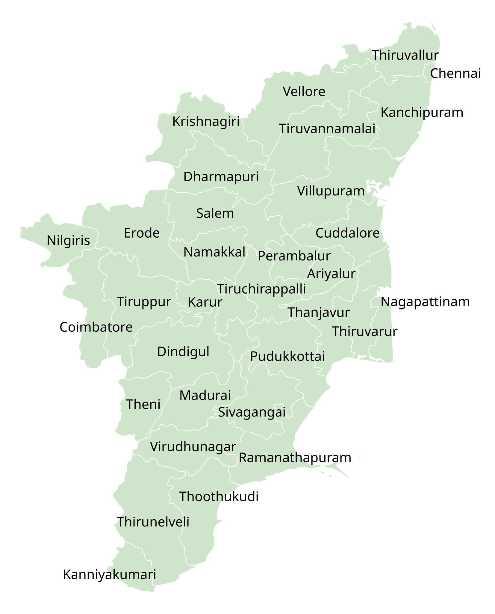 Tamil Nadu Districts Map showing E-Sevai Coverage
