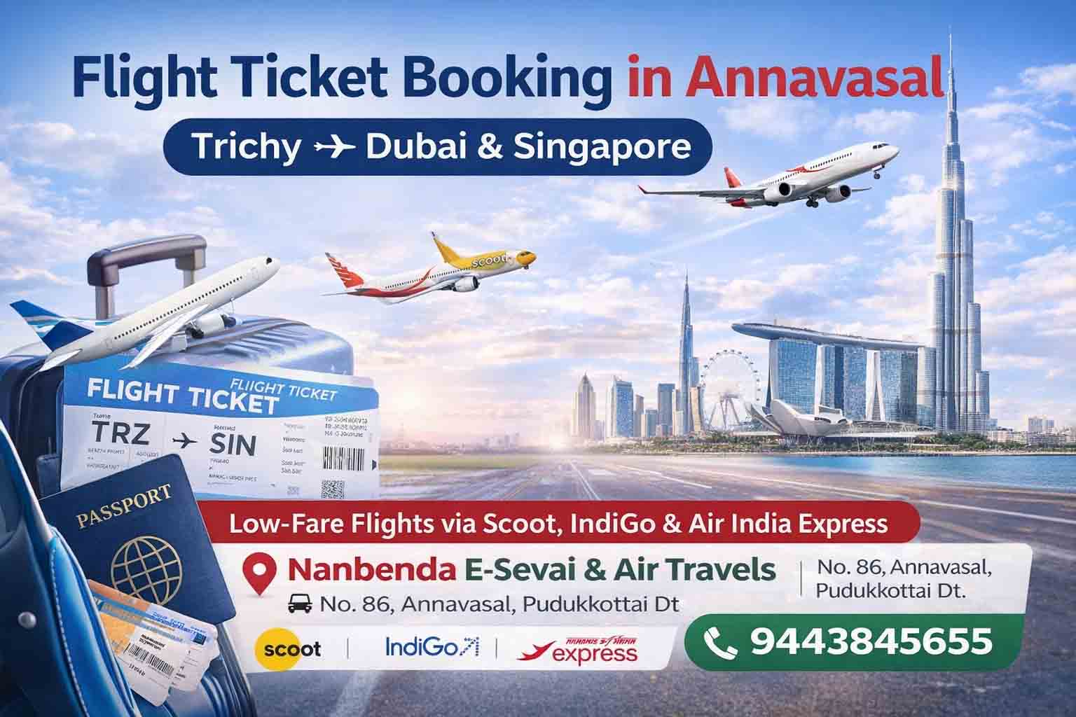 Flight Ticket Booking in Annavasal,Pudukkottai – Domestic & International