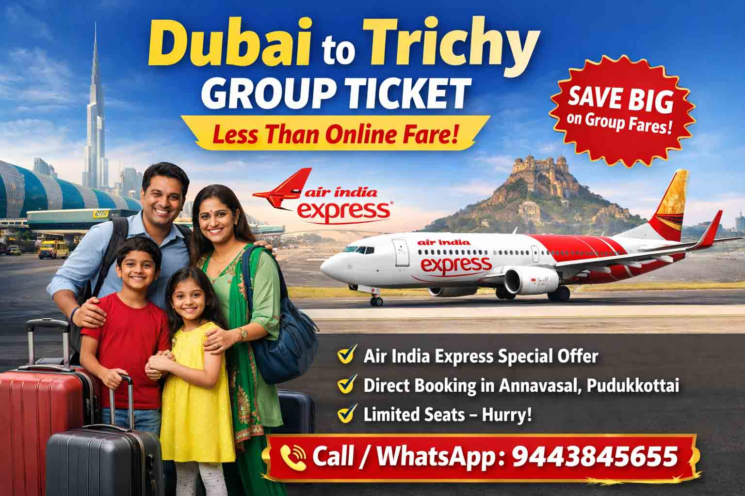 Dubai to Trichy Group Ticket Available – Less Than Online Fare (Limited Seats!)