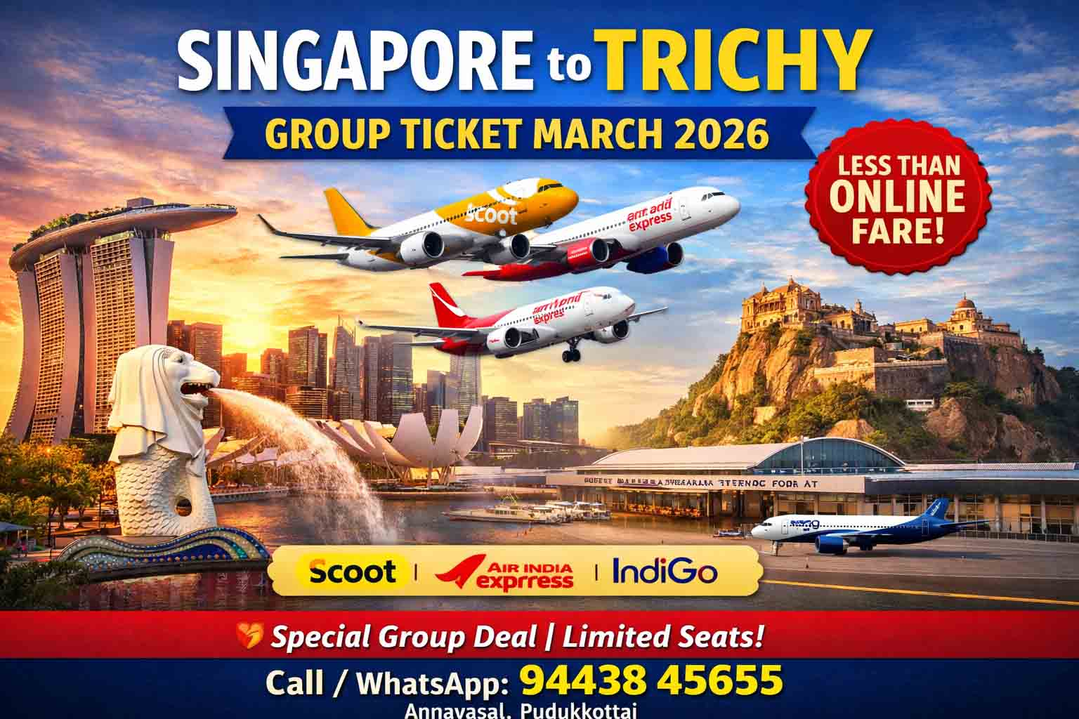 ✈️ Singapore to Trichy Group Ticket March 2026 – Book at Less Than Online Fare